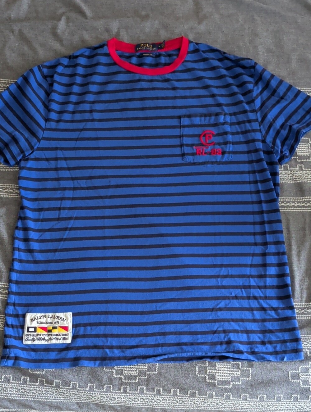 Polo by Ralph Lauren Blue and Black Striped Short Sleeve Tee with Red Trim